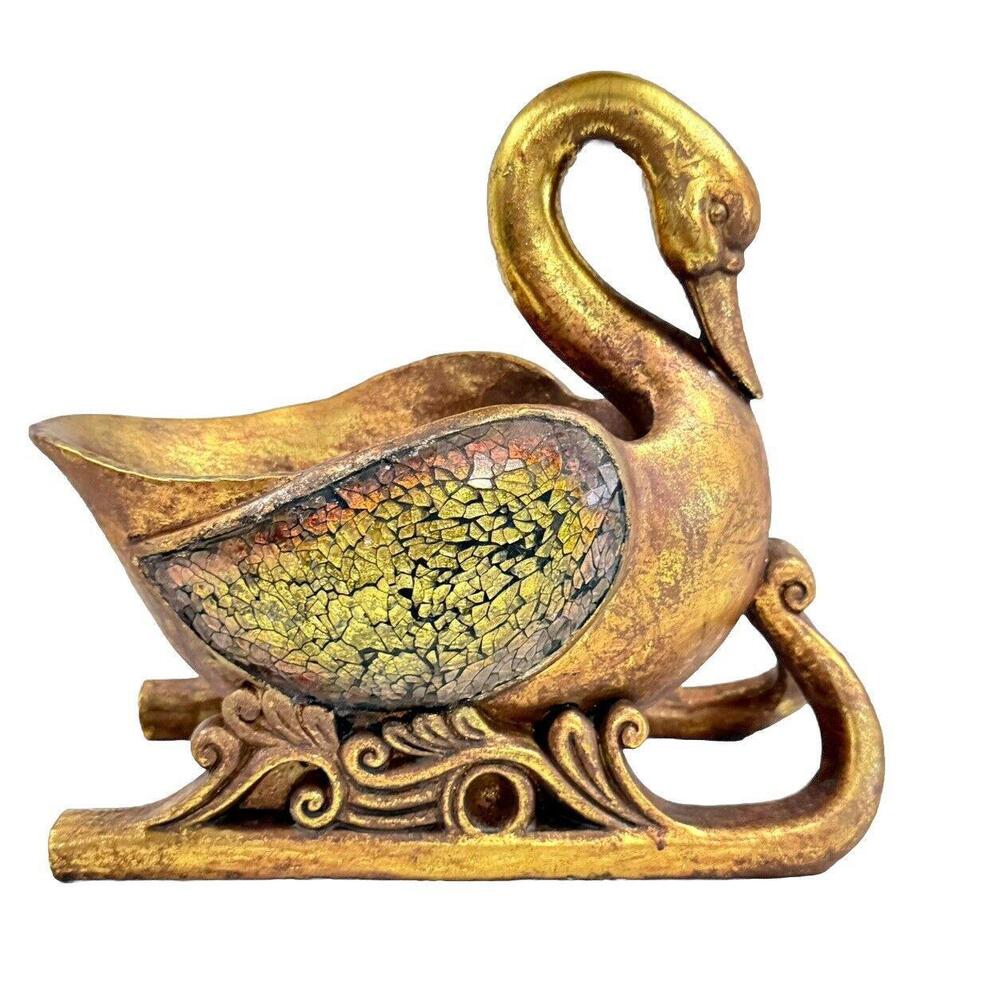 Vintage Swan Sleigh Resin Glass  Mosaic Wings Gold Painted Centerpiece Planter